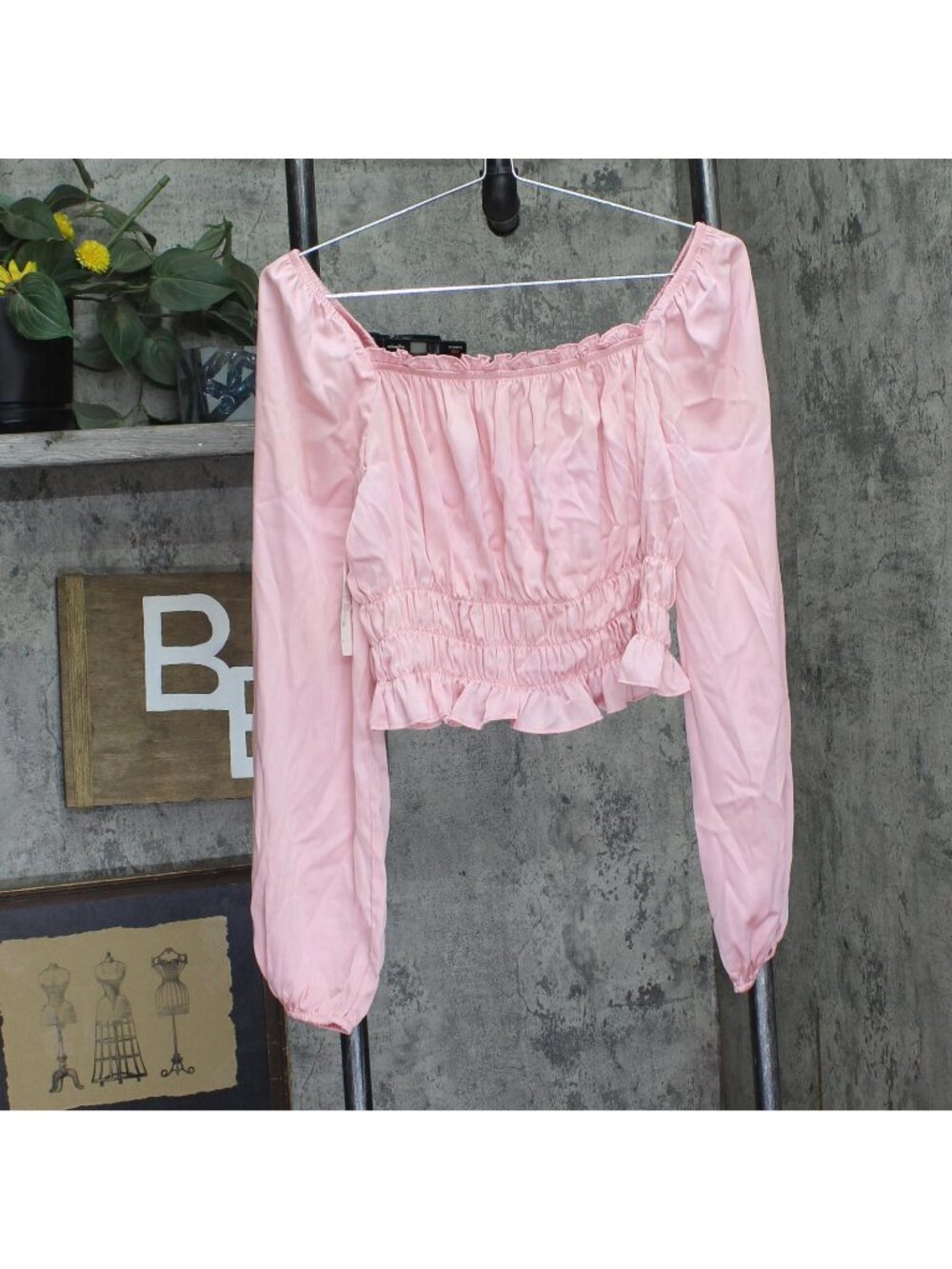 Bar III Womens Woven Satin Smocked Off-the-Shoulder Top Cupid Blush Pink S